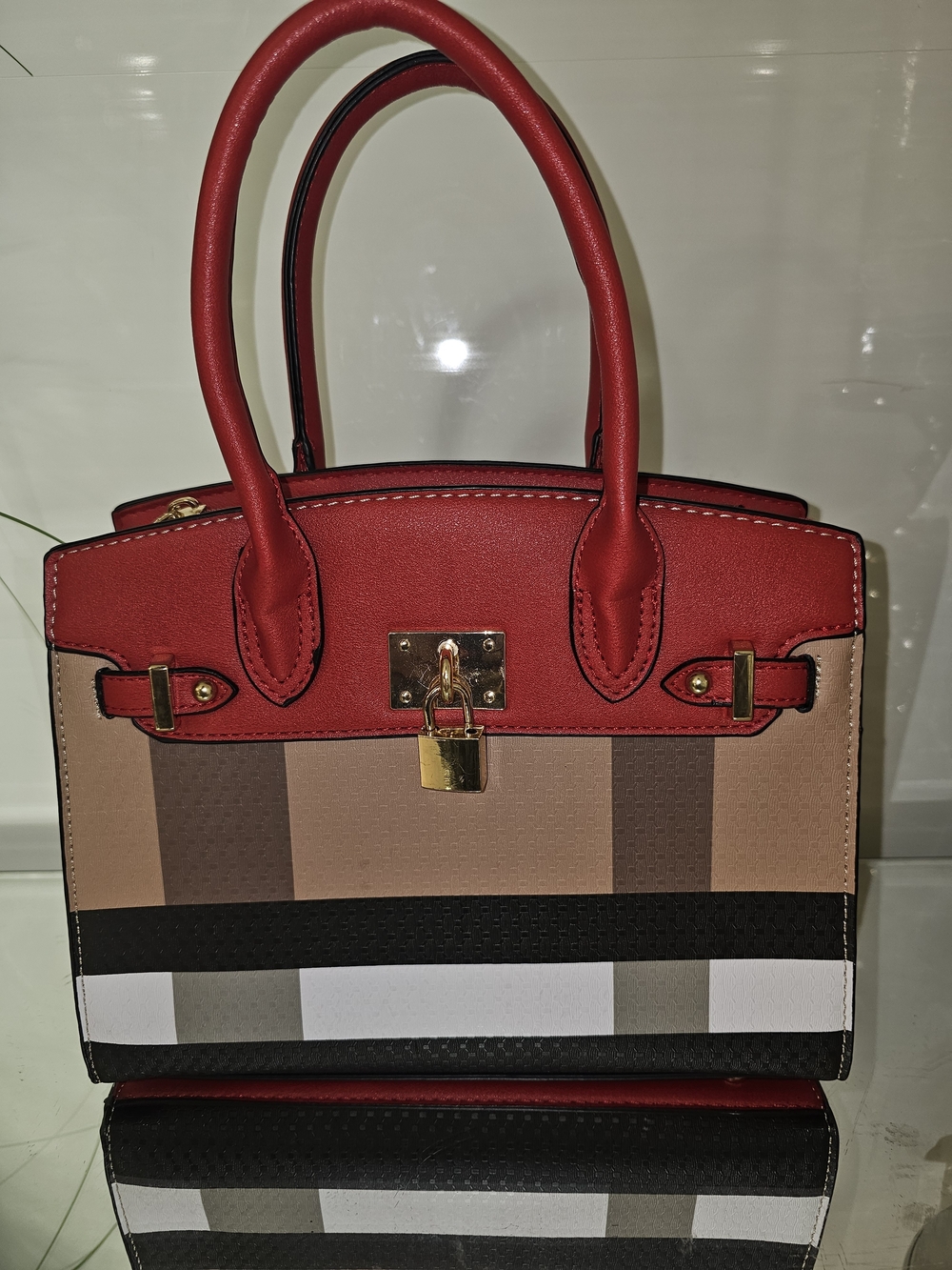 Red Top-Handle Plaid Accent Satchel